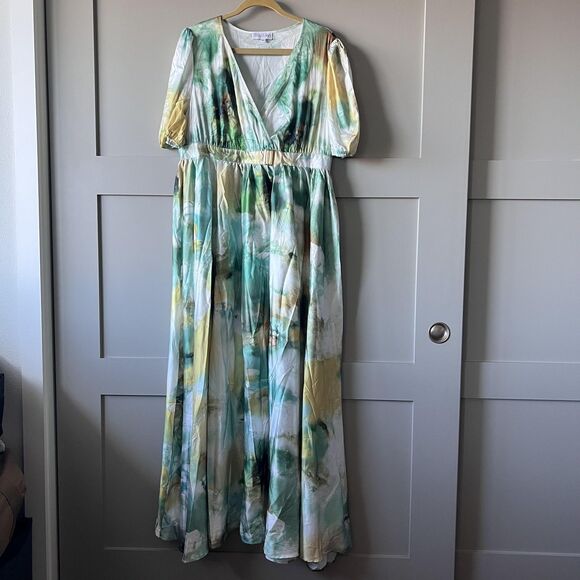 Flycurvy Dress Womens 2XL Green Yellow Abstract Maxi Puff Sleeve Belted V Neck - Picture 1 of 13